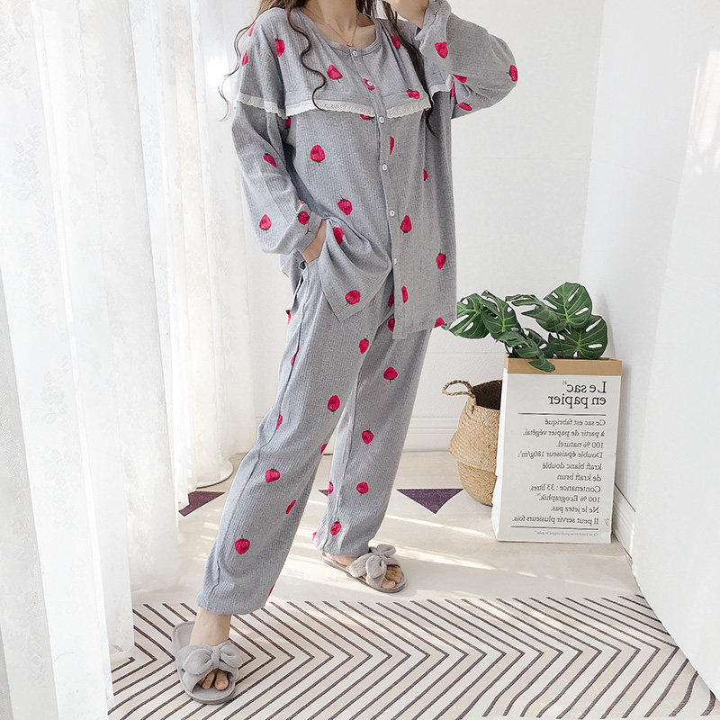 작은 딸기 코튼 가디건 대형 간호 잠옷 세트 모유 수유 봄과 가을 여성 임신 기간 출산 감금 가정 의류