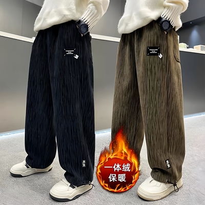 男童一体加绒裤子秋冬季新款儿童直筒灯芯绒裤宽松中大童休闲裤