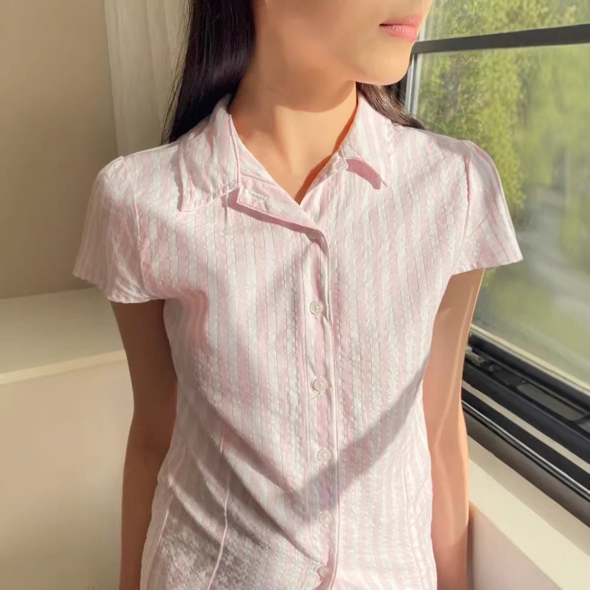 小海鸥粉白条纹修身短袖