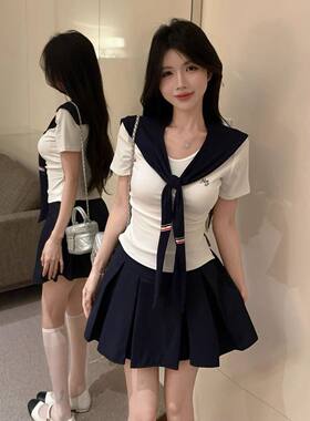夏季学院风jk制服气质性感辣妹海军领修身短袖T恤上衣高腰百褶裙