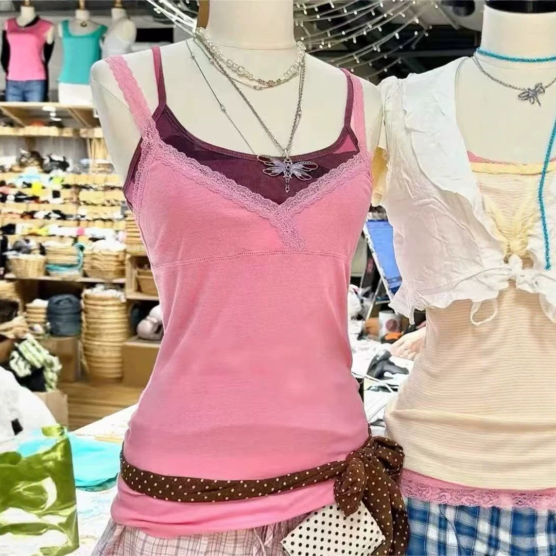 小海鸥少女风粉色蕾丝吊带