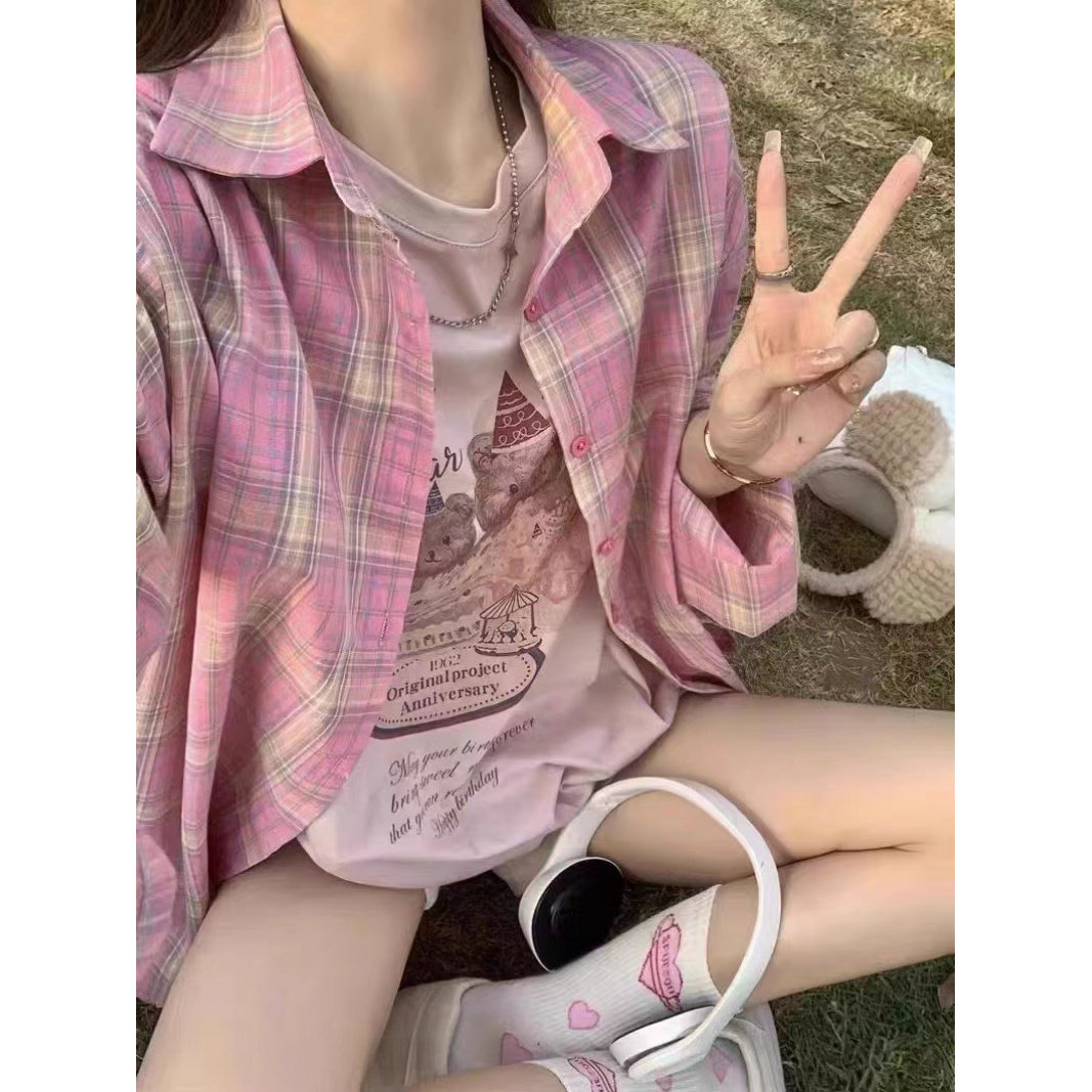 小海鸥美式复古粉色格子衬衫