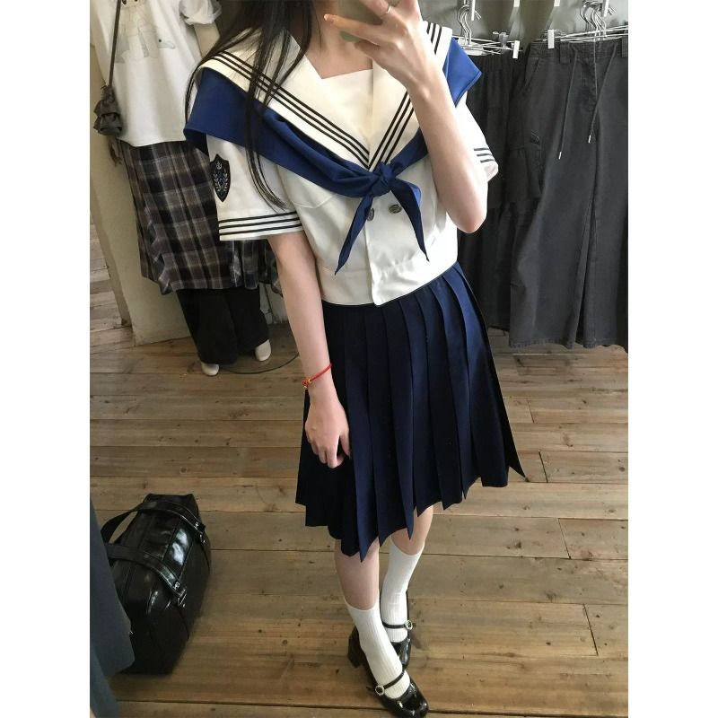 日系学院风jk制服校供感蓝白短袖水手服绀色中裙夏学生套装穿搭