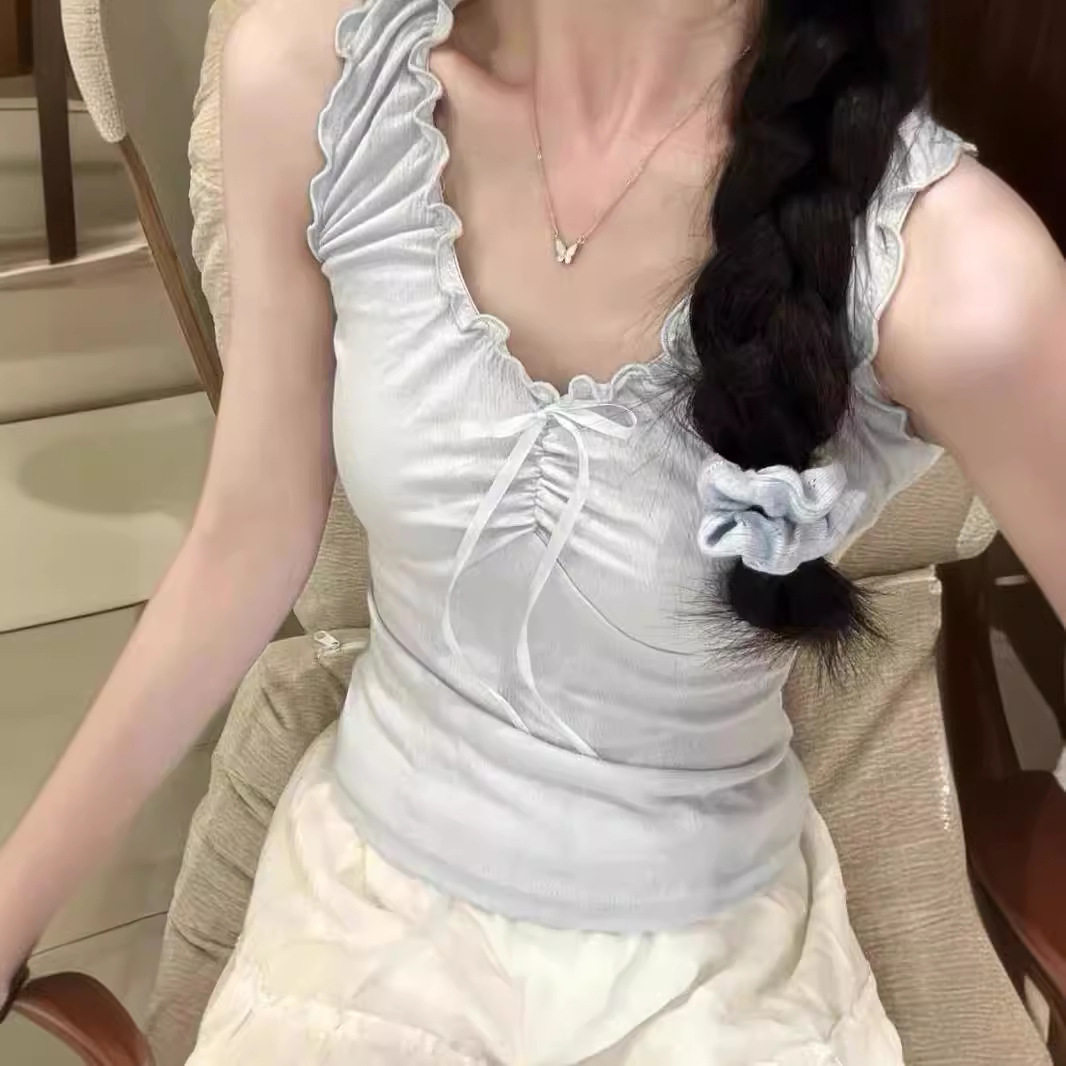 小海鸥奶蓝木耳边蝴蝶结吊带