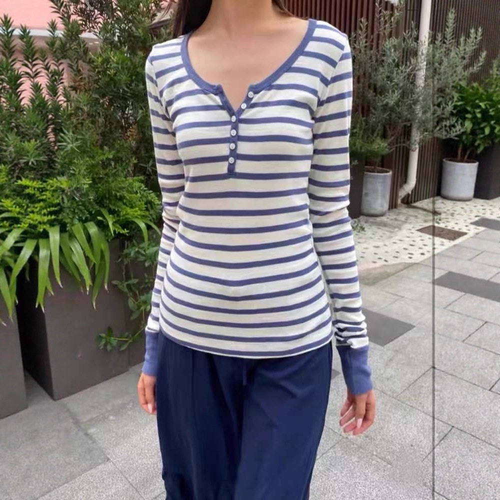小海鸥美式复古蓝条纹长袖T恤