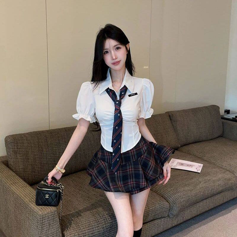 法式纯欲学院风jk制服套装泡泡袖甜辣收腰系带衬衫+格子高腰裙裤