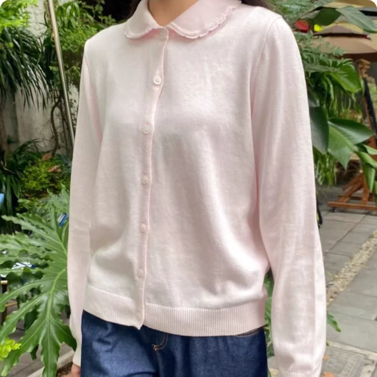 小海鸥粉色花边娃娃领毛衣