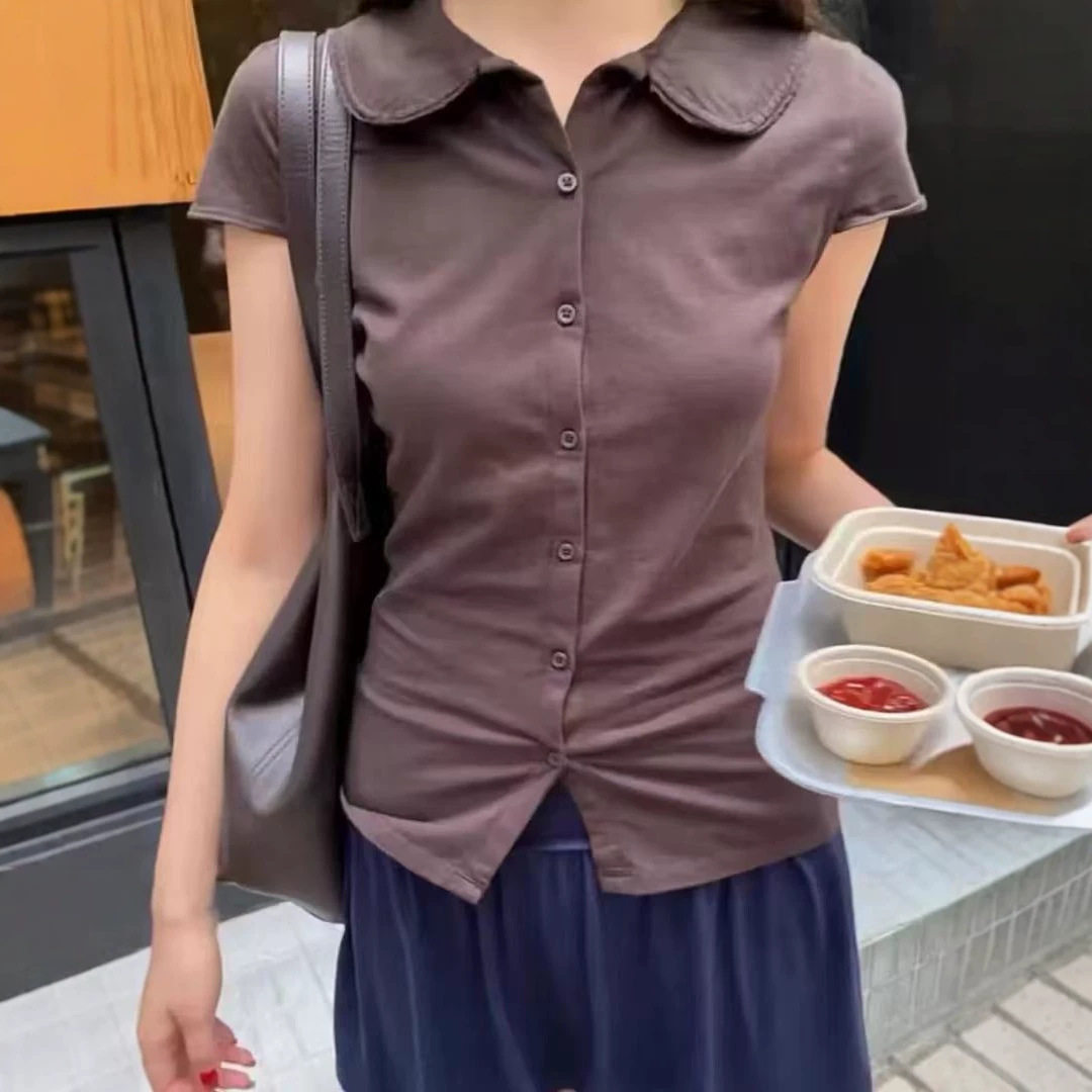 小海鸥美式休闲棕色收腰短袖