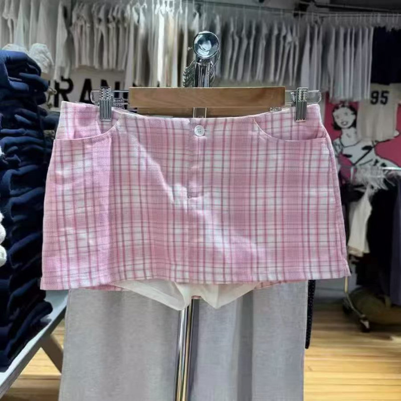 小海鸥高腰粉格子短裙