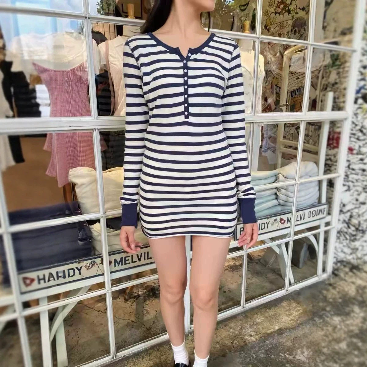 小海鸥美式复古蓝条纹长袖T