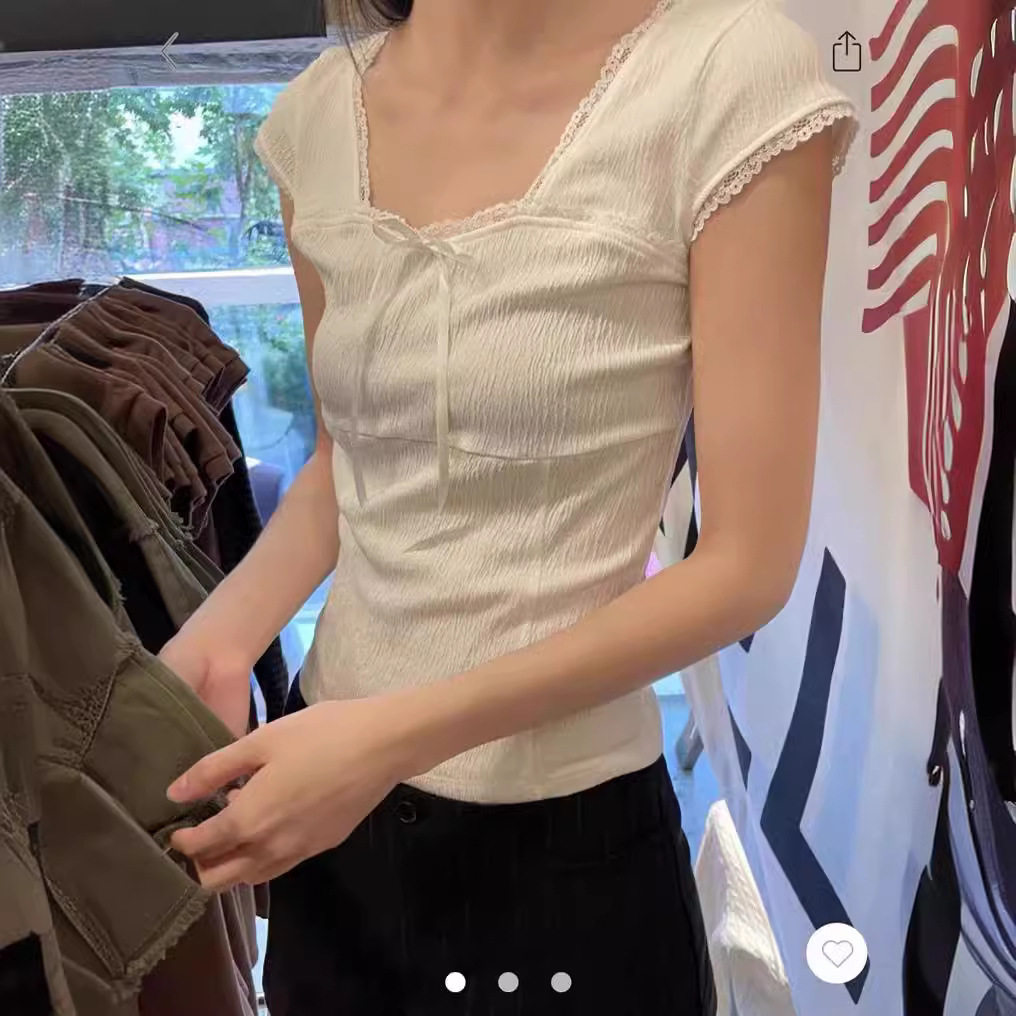 小海鸥美式方领蕾丝T恤