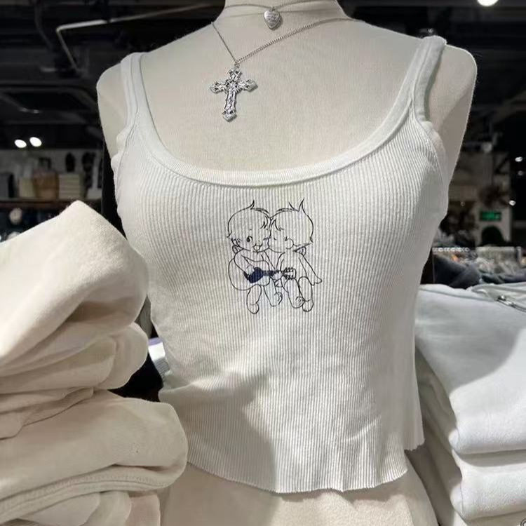 小海鸥美式天使印花露脐背心