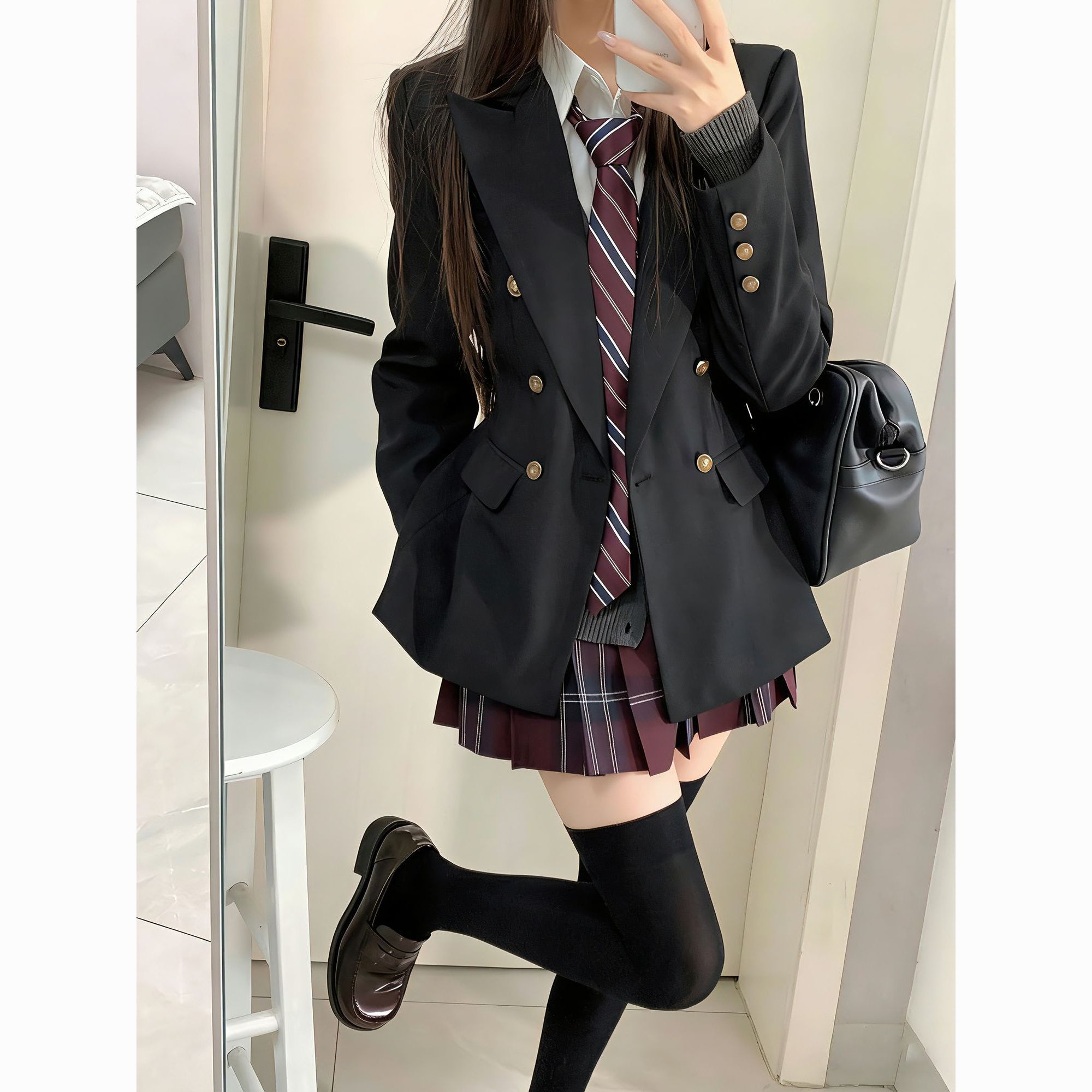 原创jk制服黑色戗驳领西装外套春秋季日系学院校供双排扣西服套装