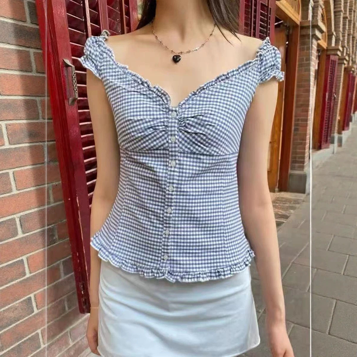 小海鸥格子V领荷叶边衬衫