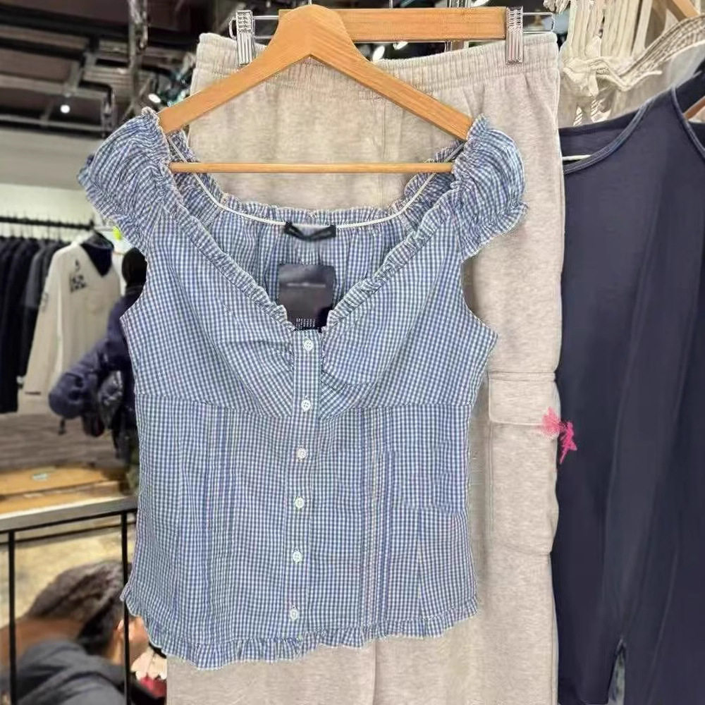 小海鸥美式蓝格纹荷叶边V领短袖