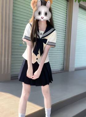 正统JK制服基础款水手服关西襟绀色领结白三本中间服套装学院风