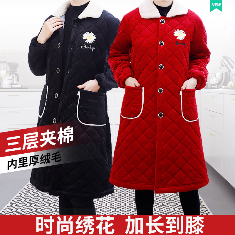 加厚夹棉冬季长款罩衣女家用厨房长袖围裙时尚刺绣工作服加绒护衣,家庭/个人清洁工具,围裙,淘宝优惠券,粉丝福利购,淘宝优惠卷