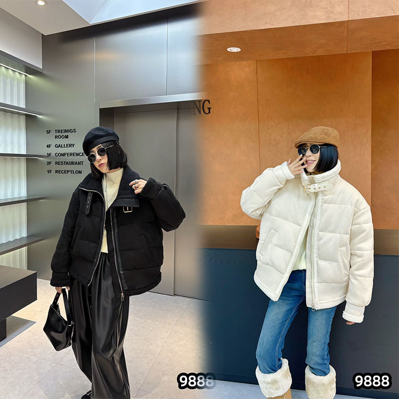 五姐家韩系羊羔毛拼接棉服女秋冬新款200斤宽松棉衣外套大码女装