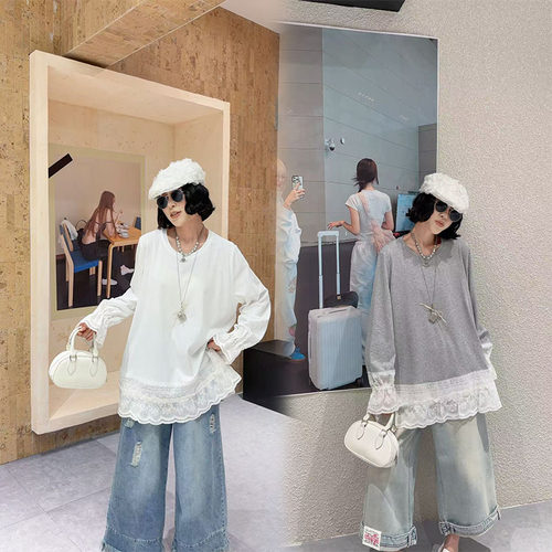 加肥加大韩系中长款甜美蕾丝拼接长袖T恤女200斤春季宽松大码女装