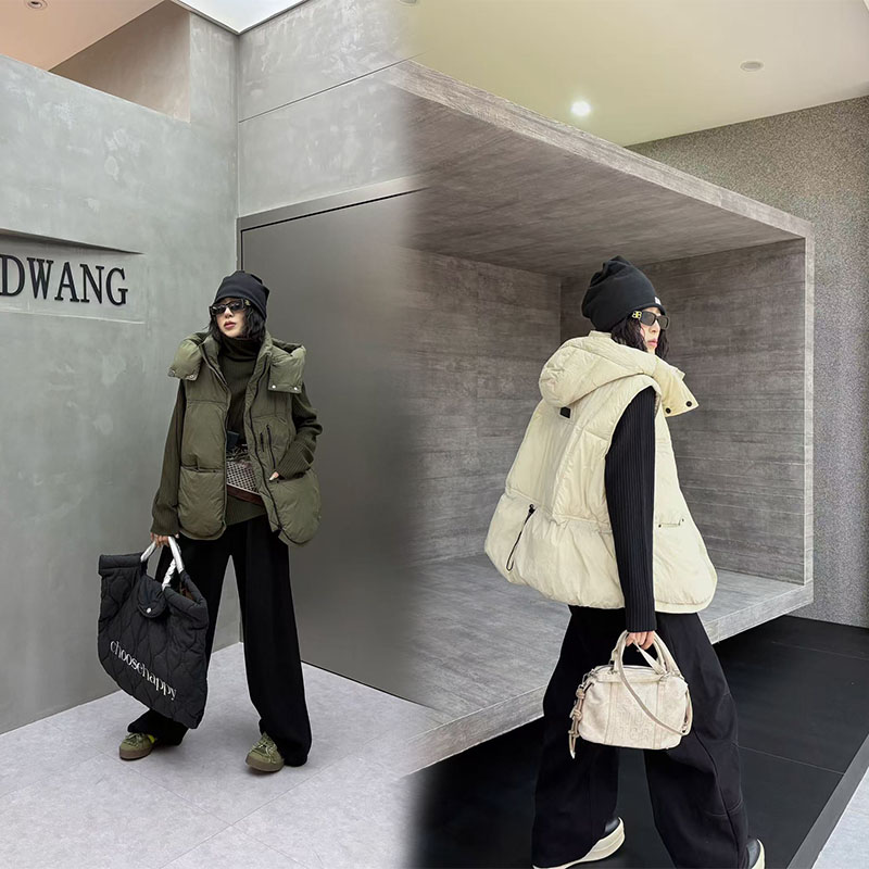 胖妹妹秋冬新款韩系宽松连帽棉马夹棉服女200斤马甲坎肩大码女装