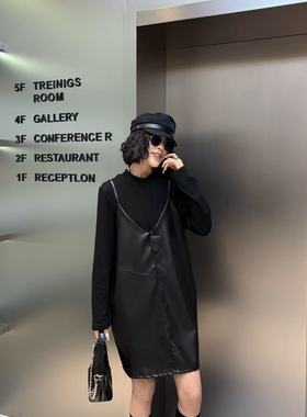 胖妹妹韩系PU皮吊带连衣裙女冬季新款200斤打底衫两件套大码女装