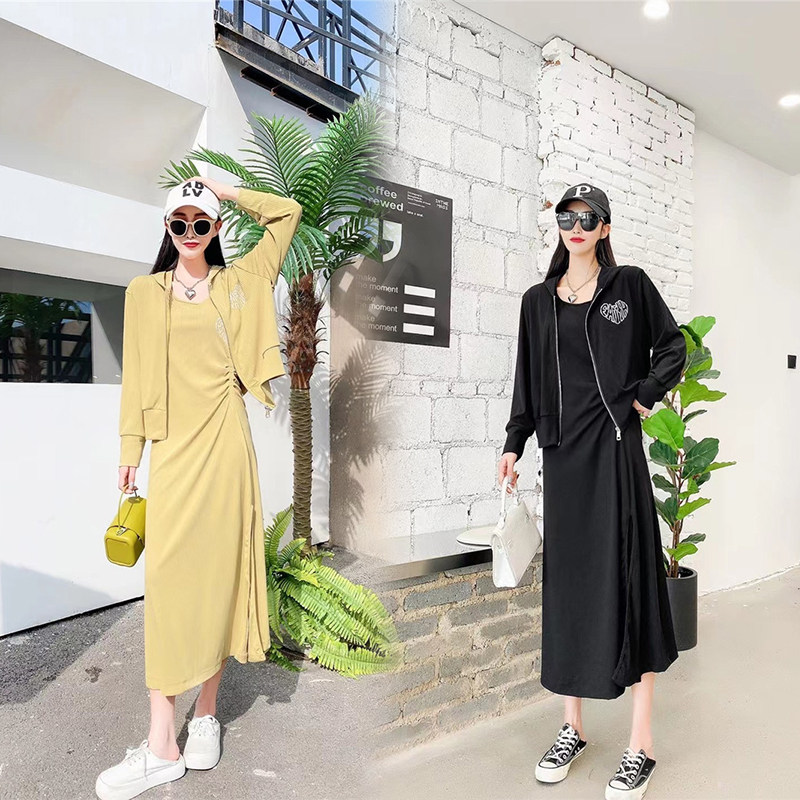 2022春季新款胖mm开叉连衣裙女200斤短款外套女两件套大码套装