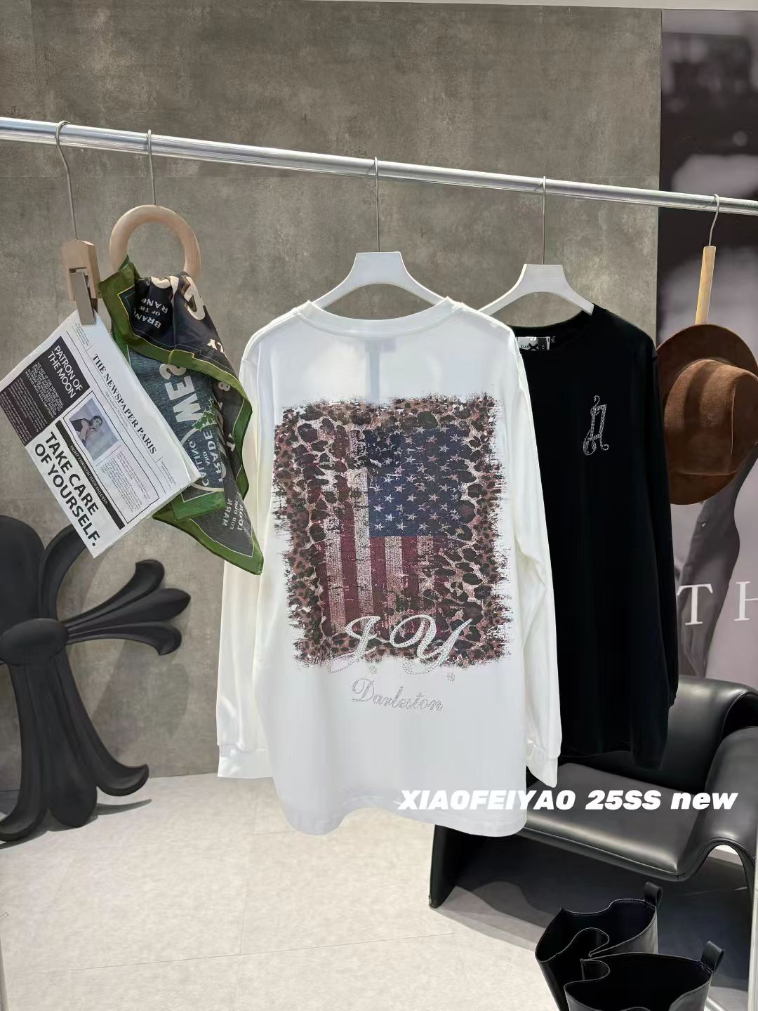 晓肥妖家美式中长款烫钻宽松T恤女秋季200斤百搭打底衫大码女装