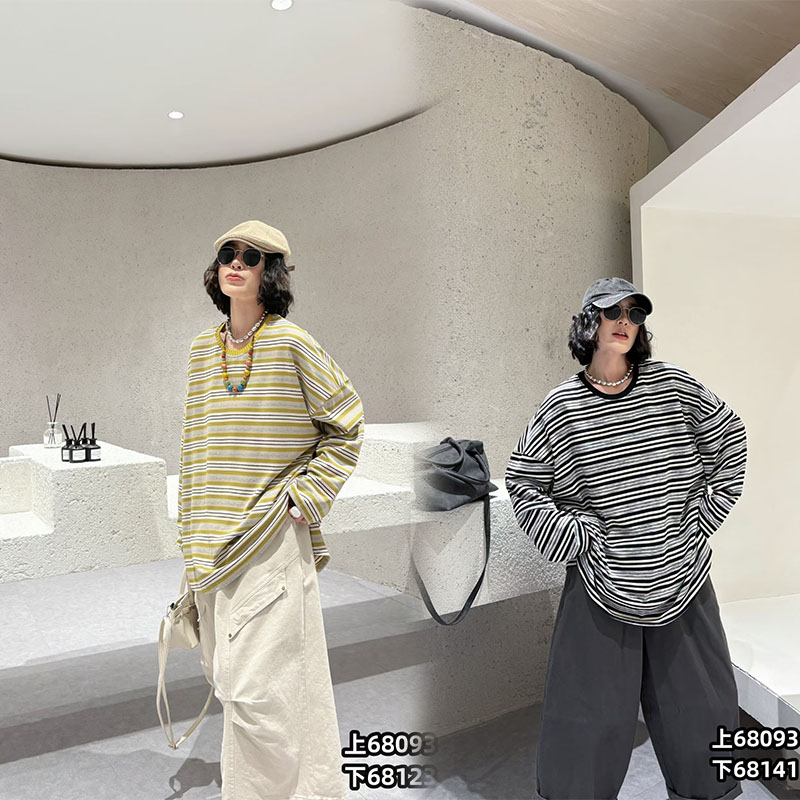 胖妹妹加肥加大韩系宽松条纹T恤女秋季新款200斤休闲上衣大码女装