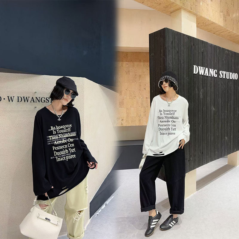 胖妹妹慵懒风中长款破洞字母T恤女200斤春季宽松打底衫大码女装