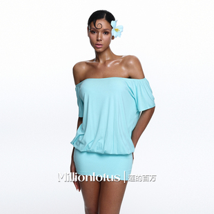 莲 旅游海滩一字肩连衣裙露背性感女人味辣妹纯欲 百万