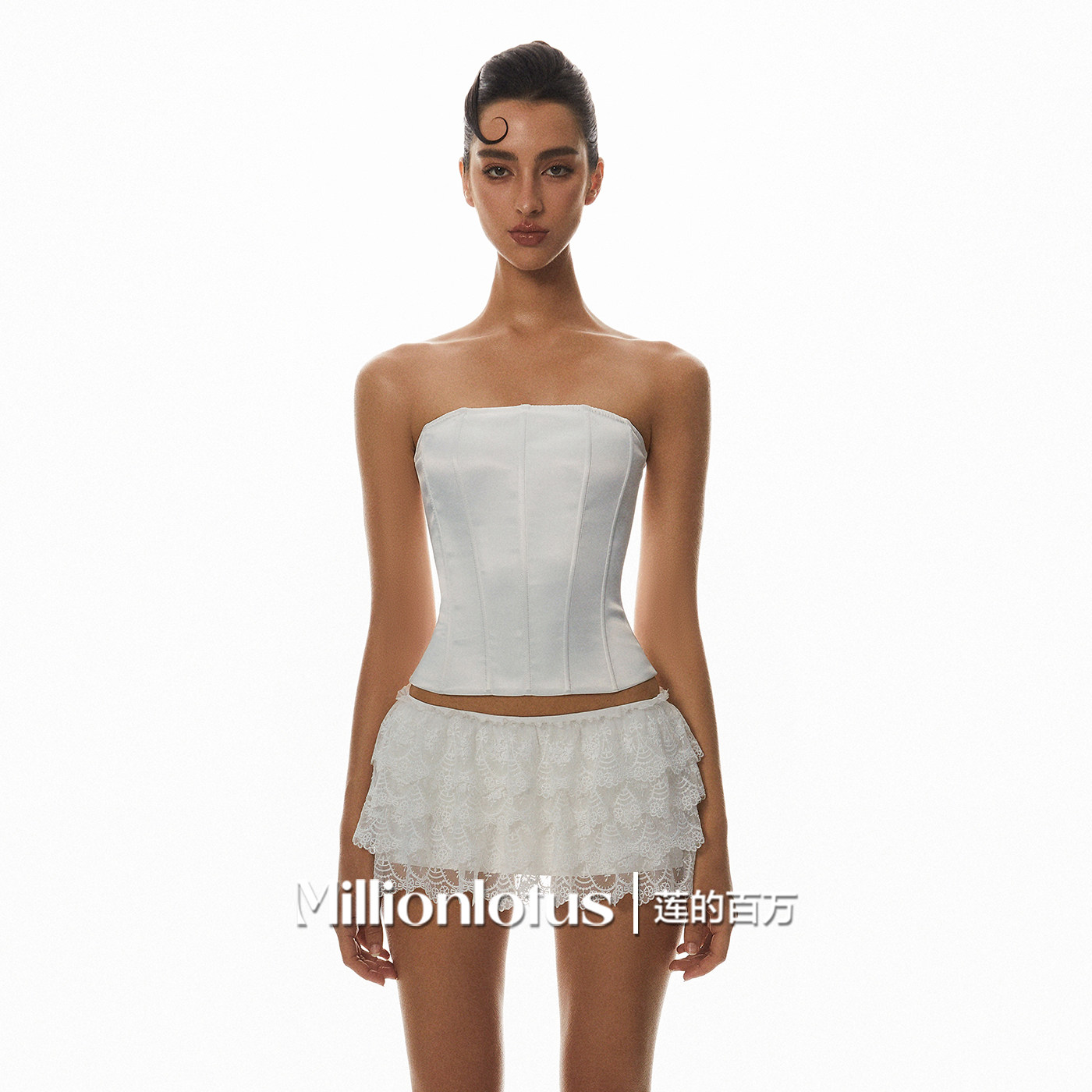 莲的百万 白色纯欲鱼骨抹胸蕾丝花边蛋糕短裙套装,女装/女士精品,时尚套装,淘宝优惠券,粉丝福利购,淘宝优惠卷