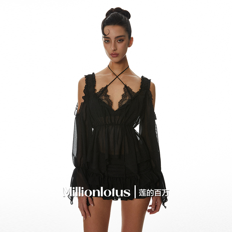 莲的百万黑色性感清透夏天罩衫荷叶蛋糕裙绑带温文胸小短裙两件套