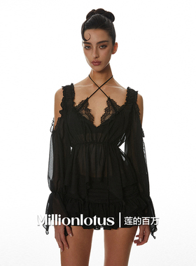 莲的百万黑色性感清透夏天罩衫荷叶蛋糕裙绑带温文胸小短裙两件套