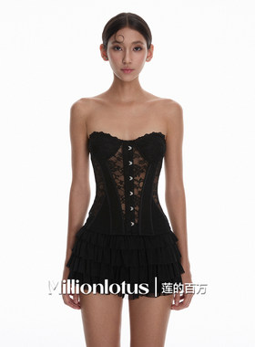 莲的百万  纯欲辣妹风  黑色抹胸蕾丝鱼骨束腰 荷叶边短裙套装