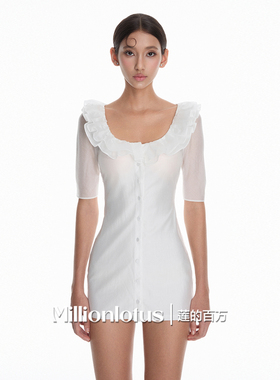 莲的百万 法式纯欲 白色方领荷叶边短袖连衣裙 收腰显瘦短裙