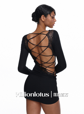 莲的百万  黑色露背长袖镂空蕾丝拼接交叉绑带神秘性感上衣