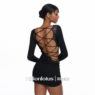 莲的百万  黑色露背长袖镂空蕾丝拼接交叉绑带神秘性感上衣