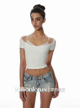 莲的百万蕾丝蜜语纯欲气质假两件半袖T恤显瘦修身性感小个子穿搭