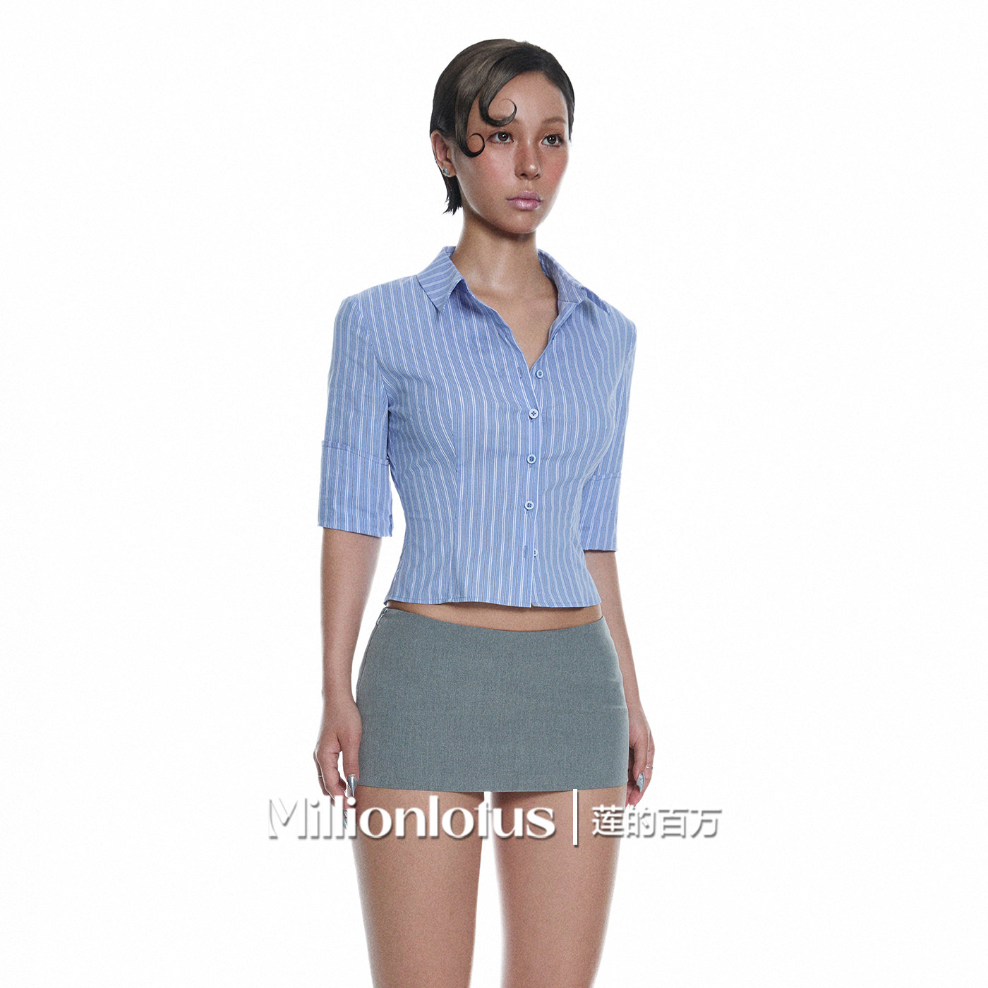 莲的百万 海妖风职场蓝白条纹短衬衫灰色短裙套装简约风,女装/女士精品,时尚套装,淘宝优惠券,粉丝福利购,淘宝优惠卷