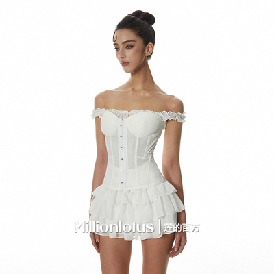 莲的百万少女持梦纯欲束腰鱼骨胸衣蛋糕裙抹胸一字领显瘦连衣裙