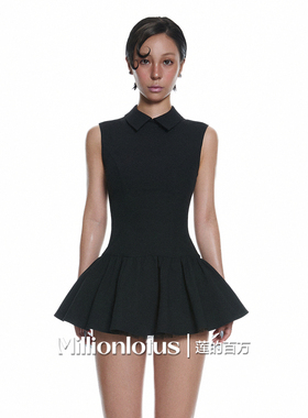 莲的百万 赫本风显瘦 无袖翻领 收腰蓬蓬裙气质小黑裙通勤优雅