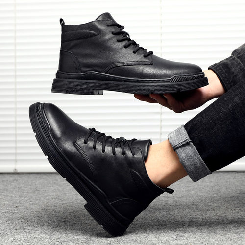 头层牛皮马丁靴男士中帮冬季真皮工装加绒耐磨侧拉链软皮软底短靴