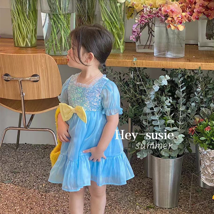 Susie女童夏款连衣裙宝宝婴幼儿韩版亮片蝴蝶结短袖公主连衣裙子