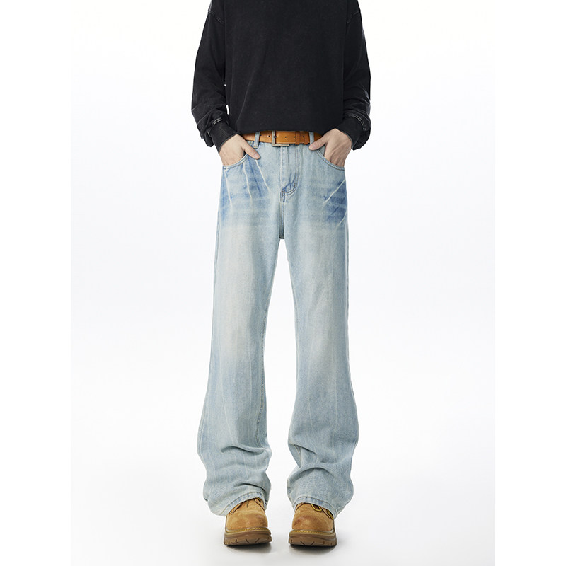 美式复古浅蓝色牛仔裤男高街风微喇直筒长裤显瘦百搭