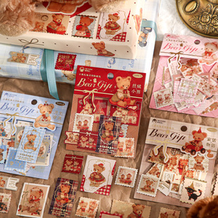 小熊礼物烫金邮票贴纸包复古童话手账diy装 饰礼物信封封口贴画