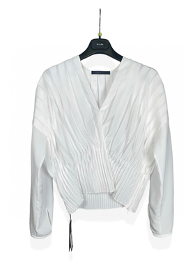 GIADA意大利专柜代购2024新款迦达V领蝙蝠袖压褶白色衬衫