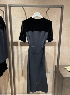 GIADA迦达意大利代购2024新款经典黑色丝绒拼接气质收腰连衣裙