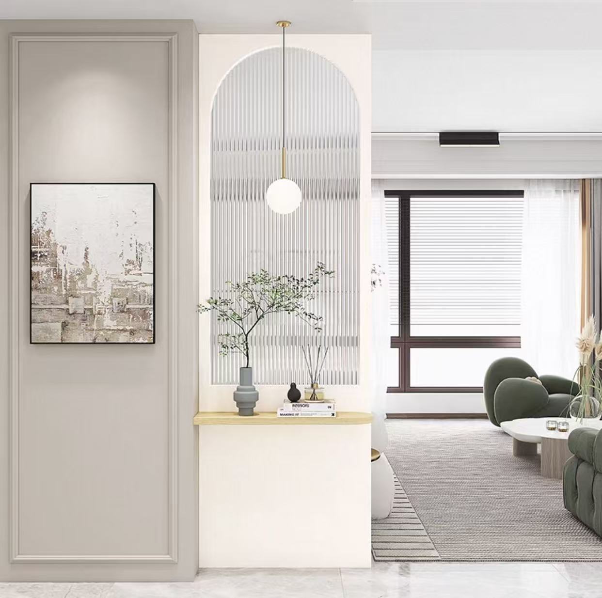 奶油风客厅进门入户实木水波纹玻璃屏风墙玄关隔断卧室洗手台定制