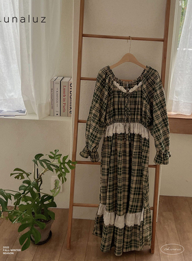 Lunaluz韩国秋季家居睡裙中长款长袖可外穿墨绿色格子LU进口清仓