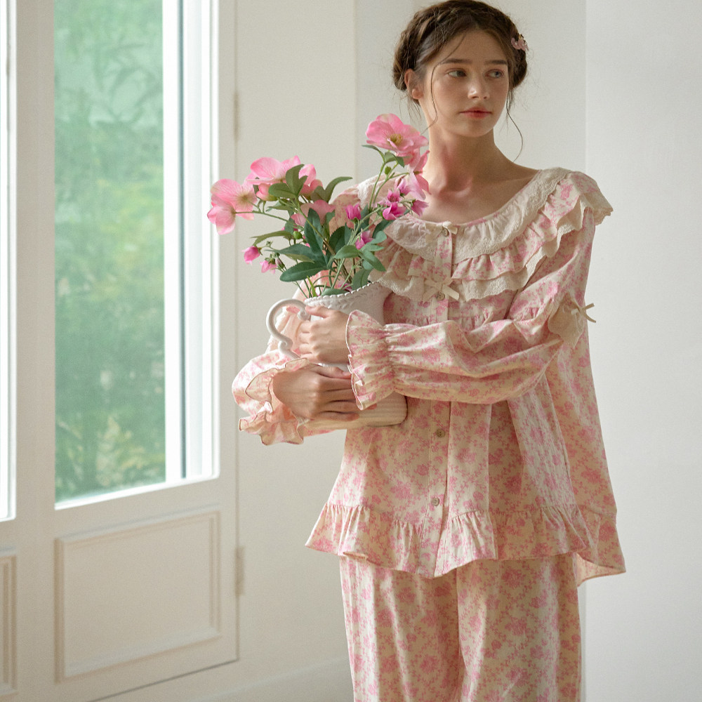 Ullala韩国进口睡衣女春季纯棉甜美碎花圆领长袖家居服套装睡裙